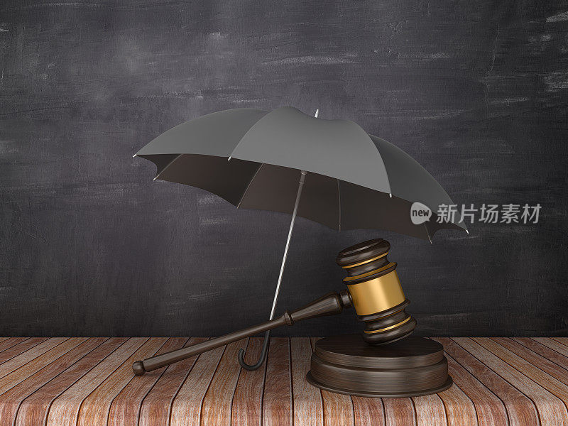 雨伞与木槌在木地板上-黑板背景- 3D渲染